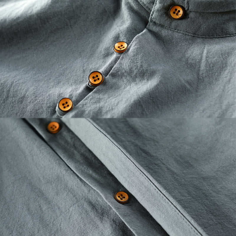 Buddha Stones Men's Slim Fit Design Stand Collar Crew Neck Long Sleeve Cotton Linen Shirt
