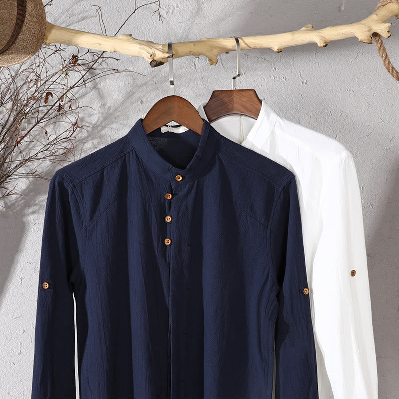 Buddha Stones Men's Slim Fit Design Stand Collar Crew Neck Long Sleeve Cotton Linen Shirt