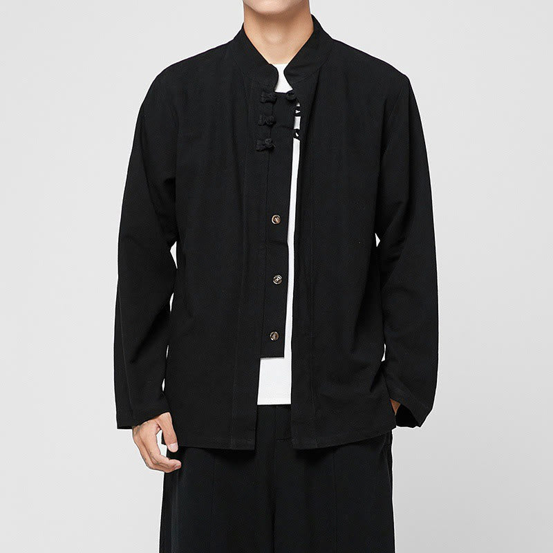 Buddha Stones Chinese Frog-Button Side Slit Men's Long Sleeve Cotton Tang Suit Shirt