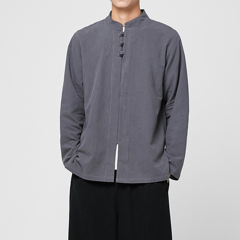 Buddha Stones Chinese Frog-Button Side Slit Men's Long Sleeve Cotton Tang Suit Shirt