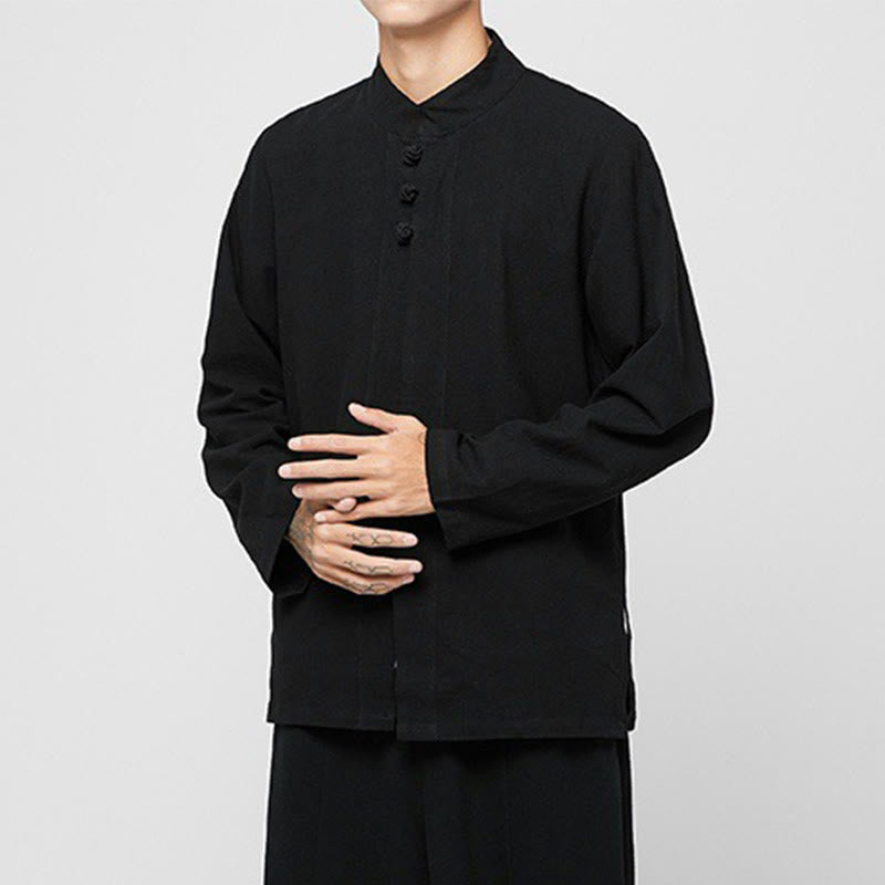 Buddha Stones Chinese Frog-Button Side Slit Men's Long Sleeve Cotton Tang Suit Shirt