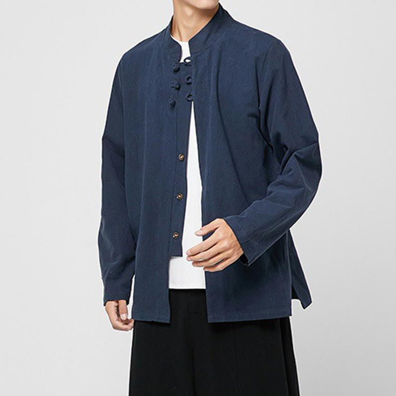 Buddha Stones Chinese Frog-Button Side Slit Men's Long Sleeve Cotton Tang Suit Shirt