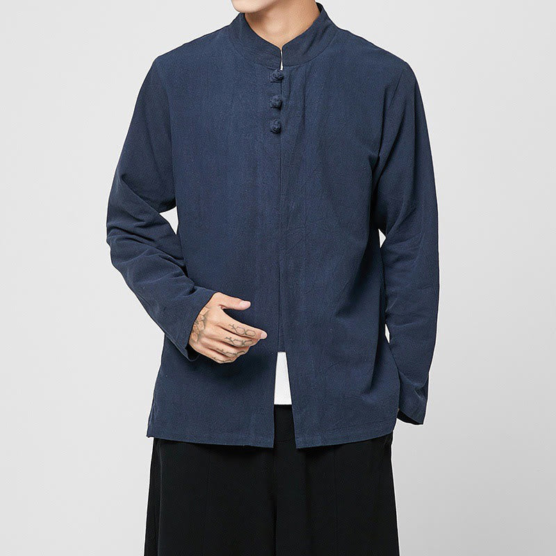 Buddha Stones Chinese Frog-Button Side Slit Men's Long Sleeve Cotton Tang Suit Shirt