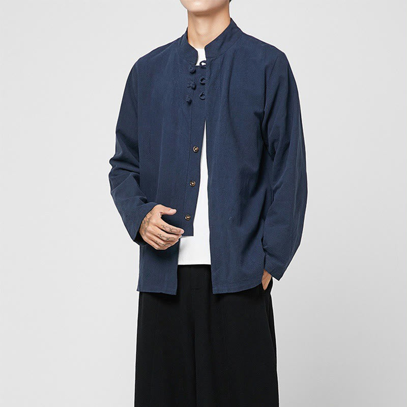 Buddha Stones Chinese Frog-Button Side Slit Men's Long Sleeve Cotton Tang Suit Shirt