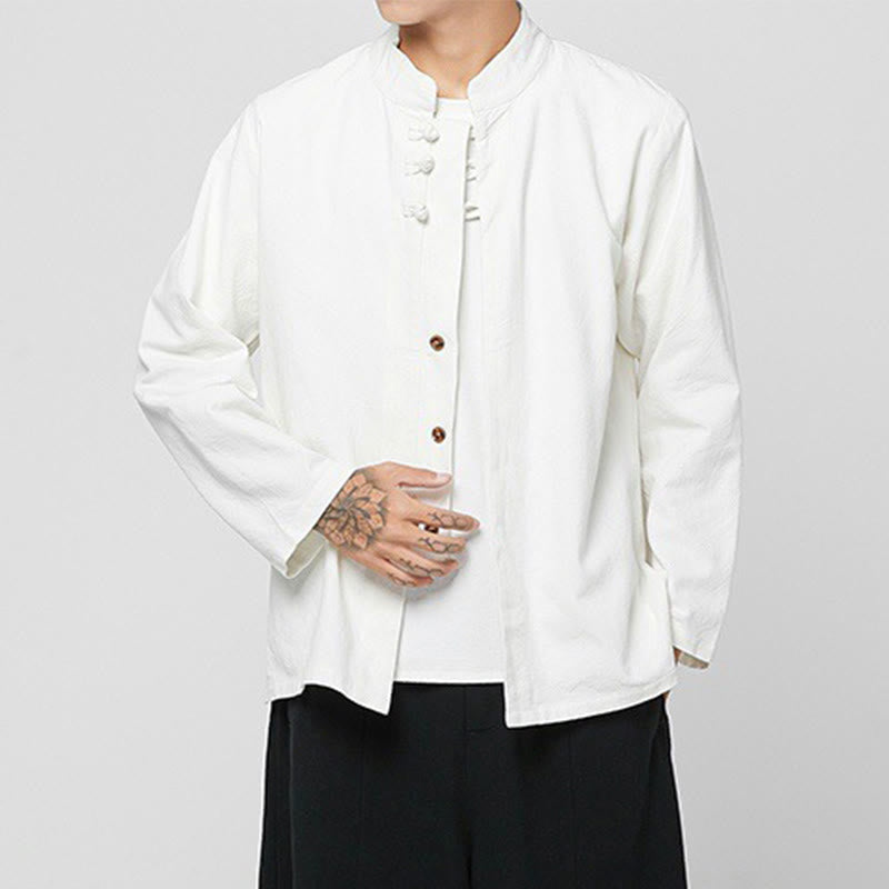 Buddha Stones Chinese Frog-Button Side Slit Men's Long Sleeve Cotton Tang Suit Shirt