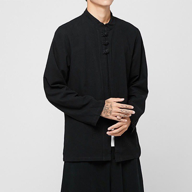 Buddha Stones Chinese Frog-Button Side Slit Men's Long Sleeve Cotton Tang Suit Shirt