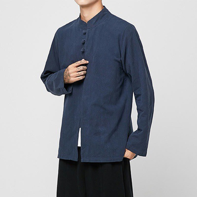 Buddha Stones Chinese Frog-Button Side Slit Men's Long Sleeve Cotton Tang Suit Shirt