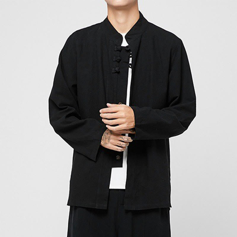 Buddha Stones Chinese Frog-Button Side Slit Men's Long Sleeve Cotton Tang Suit Shirt