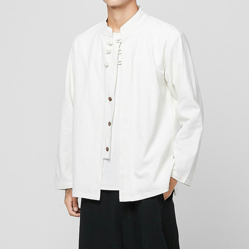 Buddha Stones Chinese Frog-Button Side Slit Men's Long Sleeve Cotton Tang Suit Shirt