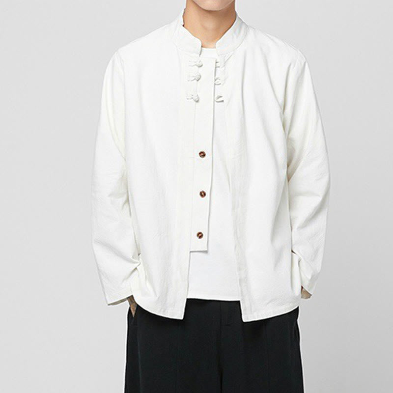 Buddha Stones Chinese Frog-Button Side Slit Men's Long Sleeve Cotton Tang Suit Shirt