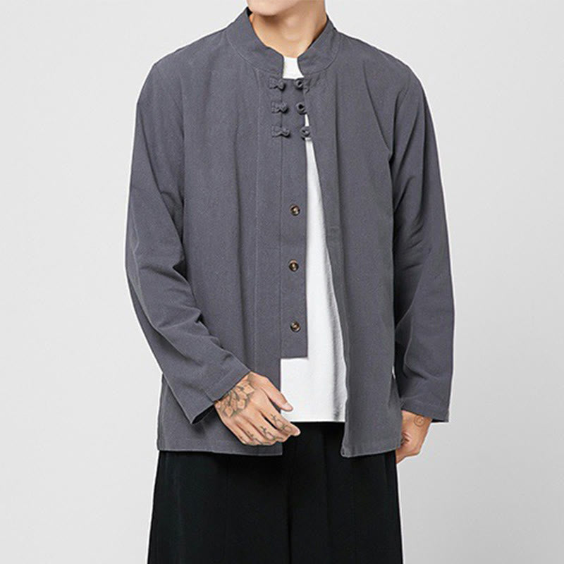 Buddha Stones Chinese Frog-Button Side Slit Men's Long Sleeve Cotton Tang Suit Shirt