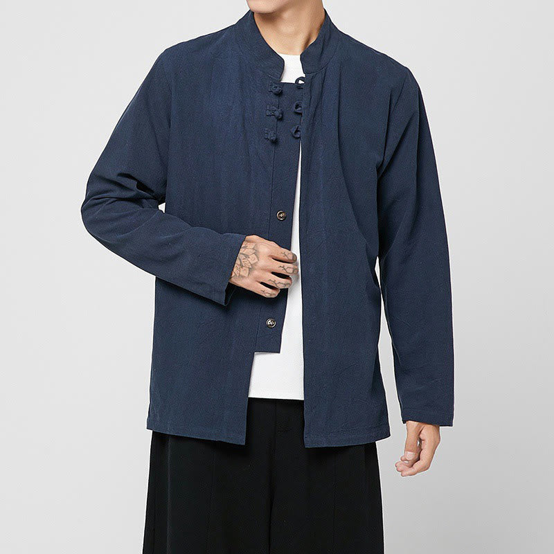 Buddha Stones Chinese Frog-Button Side Slit Men's Long Sleeve Cotton Tang Suit Shirt
