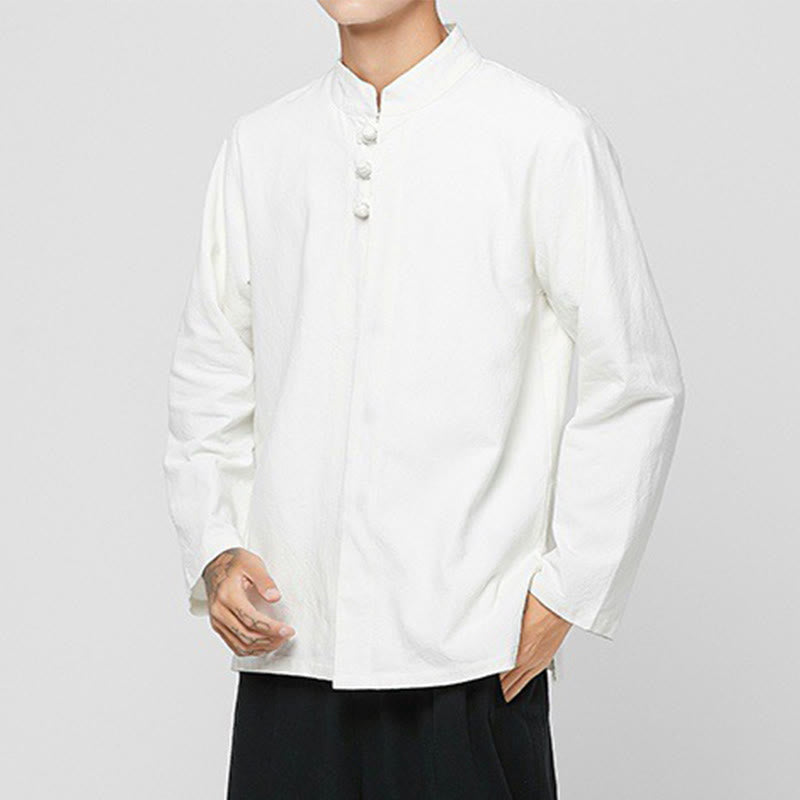 Buddha Stones Chinese Frog-Button Side Slit Men's Long Sleeve Cotton Tang Suit Shirt