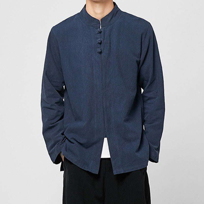 Buddha Stones Chinese Frog-Button Side Slit Men's Long Sleeve Cotton Tang Suit Shirt