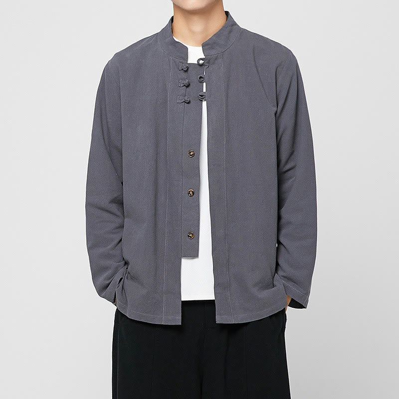 Buddha Stones Chinese Frog-Button Side Slit Men's Long Sleeve Cotton Tang Suit Shirt