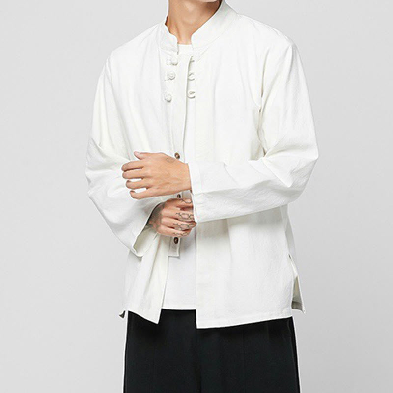 Buddha Stones Chinese Frog-Button Side Slit Men's Long Sleeve Cotton Tang Suit Shirt