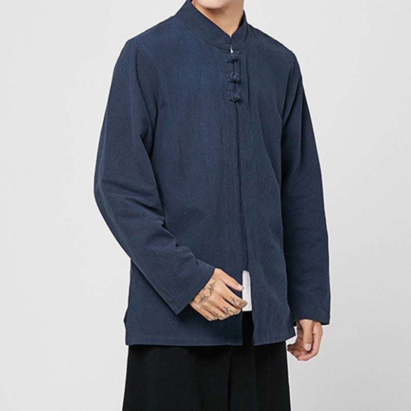 Buddha Stones Chinese Frog-Button Side Slit Men's Long Sleeve Cotton Tang Suit Shirt