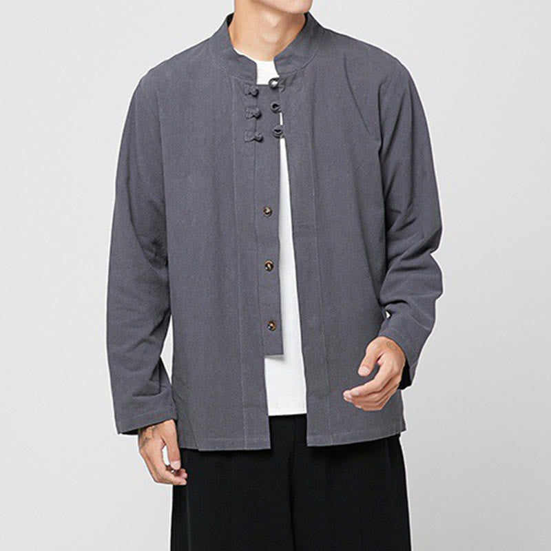 Buddha Stones Chinese Frog-Button Side Slit Men's Long Sleeve Cotton Tang Suit Shirt