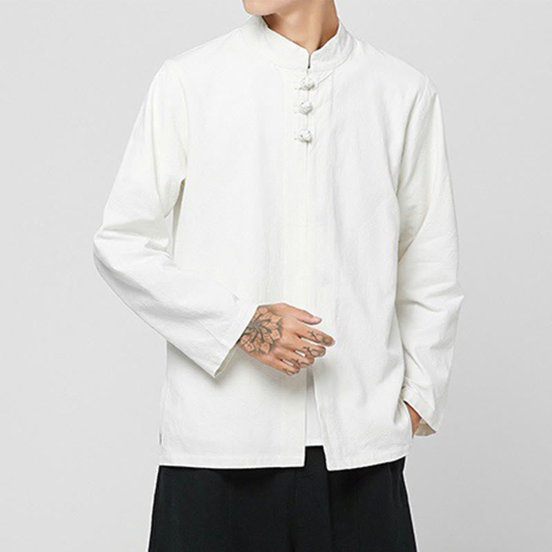 Buddha Stones Chinese Frog-Button Side Slit Men's Long Sleeve Cotton Tang Suit Shirt