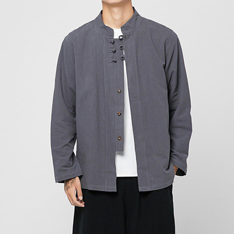 Buddha Stones Chinese Frog-Button Side Slit Men's Long Sleeve Cotton Tang Suit Shirt