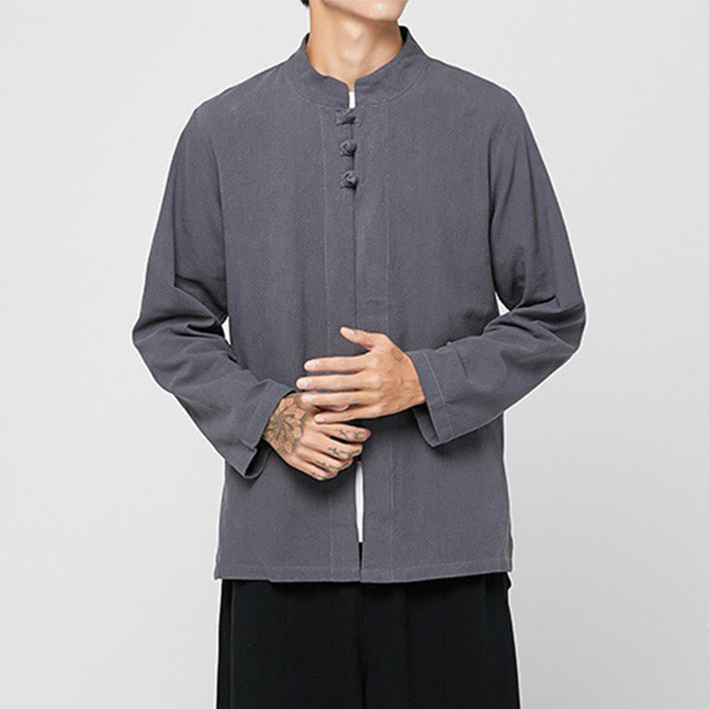 Buddha Stones Chinese Frog-Button Side Slit Men's Long Sleeve Cotton Tang Suit Shirt