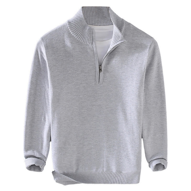 Buddha Stones Ribbed Solid Color Hem Design Men's Mock Neck Long Sleeve Pure Cotton Sweater