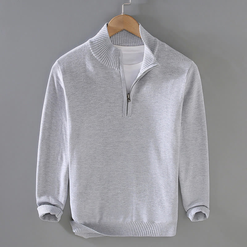 Buddha Stones Ribbed Solid Color Hem Design Men's Mock Neck Long Sleeve Pure Cotton Sweater