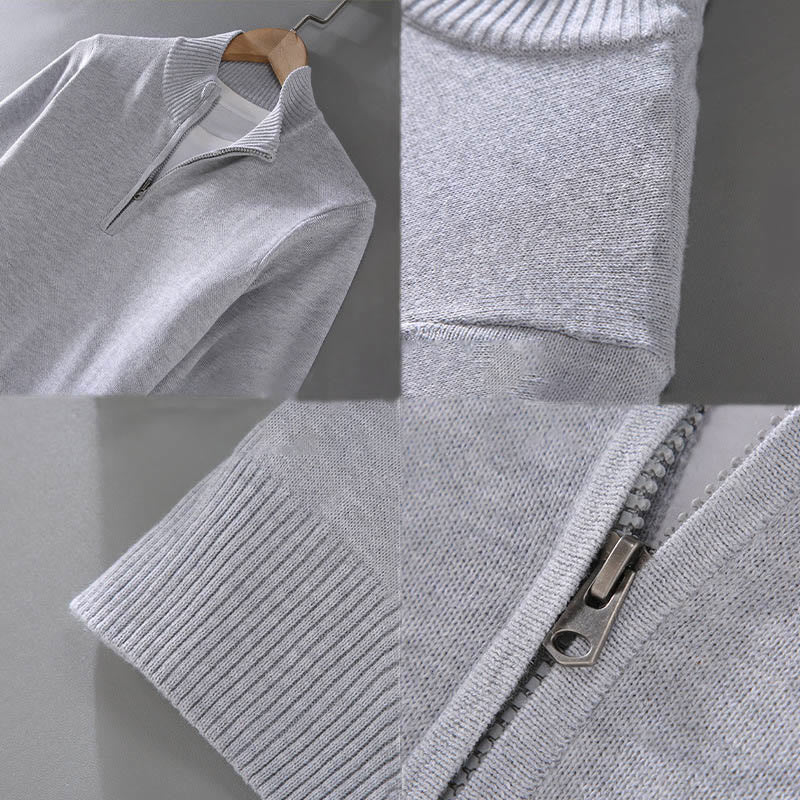 Buddha Stones Ribbed Solid Color Hem Design Men's Mock Neck Long Sleeve Pure Cotton Sweater
