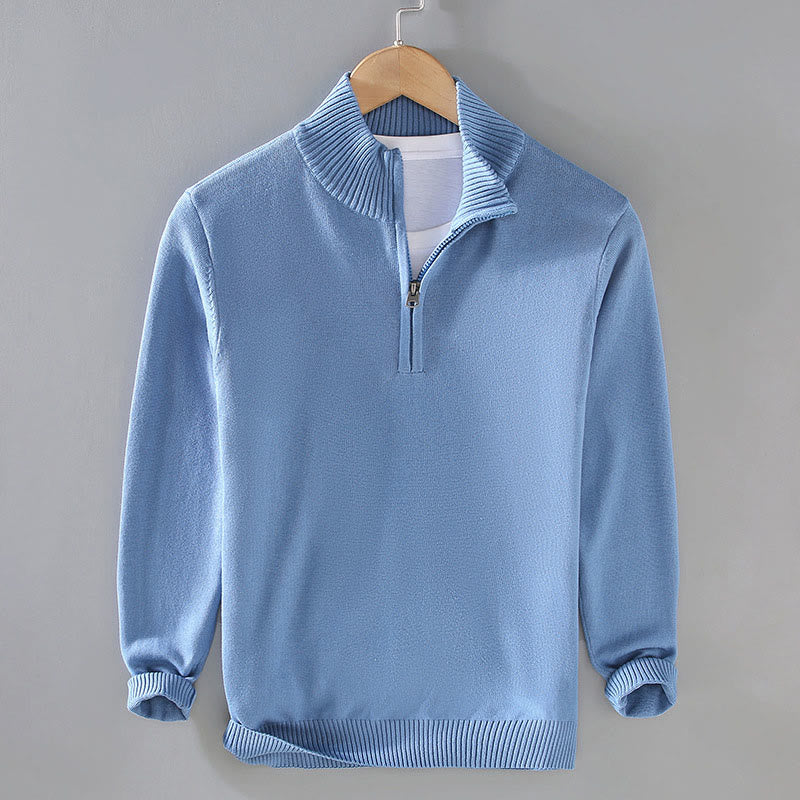 Buddha Stones Ribbed Solid Color Hem Design Men's Mock Neck Long Sleeve Pure Cotton Sweater