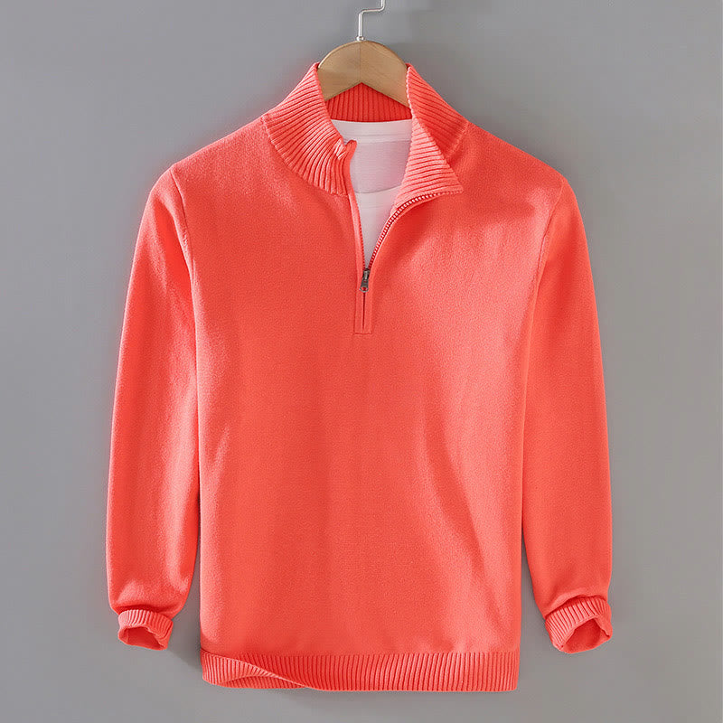 Buddha Stones Ribbed Solid Color Hem Design Men's Mock Neck Long Sleeve Pure Cotton Sweater