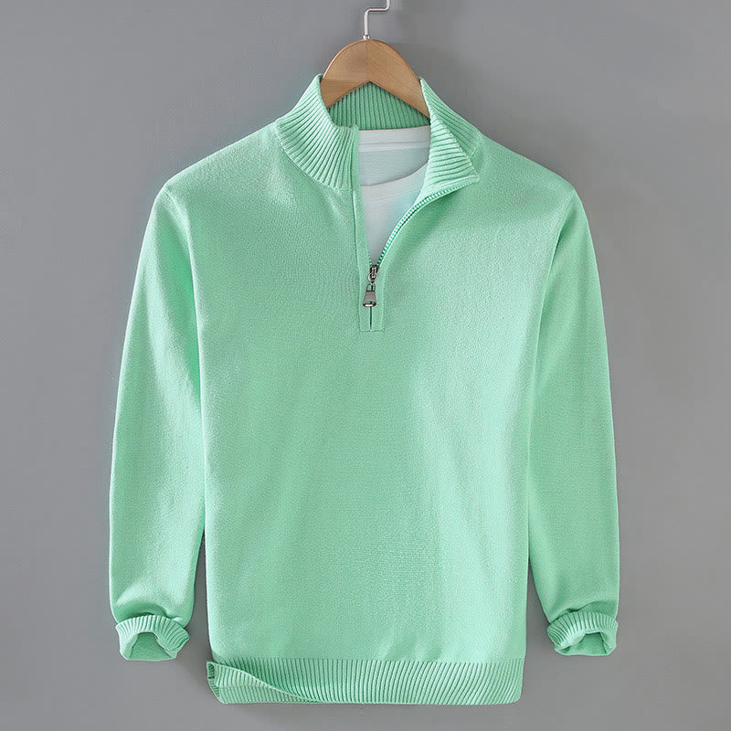 Buddha Stones Ribbed Solid Color Hem Design Men's Mock Neck Long Sleeve Pure Cotton Sweater