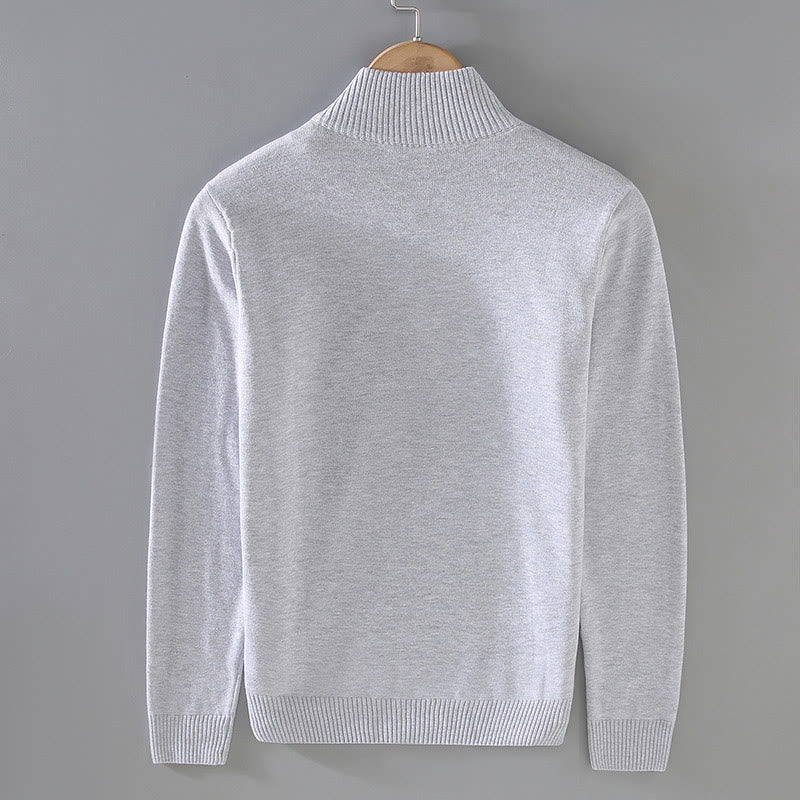 Buddha Stones Ribbed Solid Color Hem Design Men's Mock Neck Long Sleeve Pure Cotton Sweater