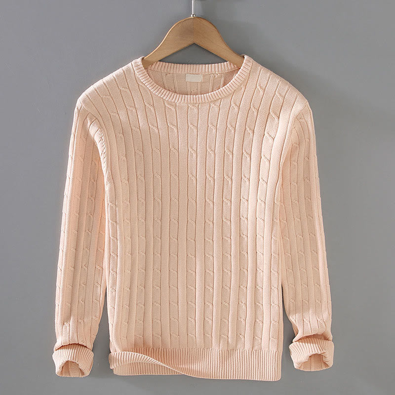 Buddha Stones Cable Knit Design Men's Crew Neck Long Sleeve Pure Cotton Sweater