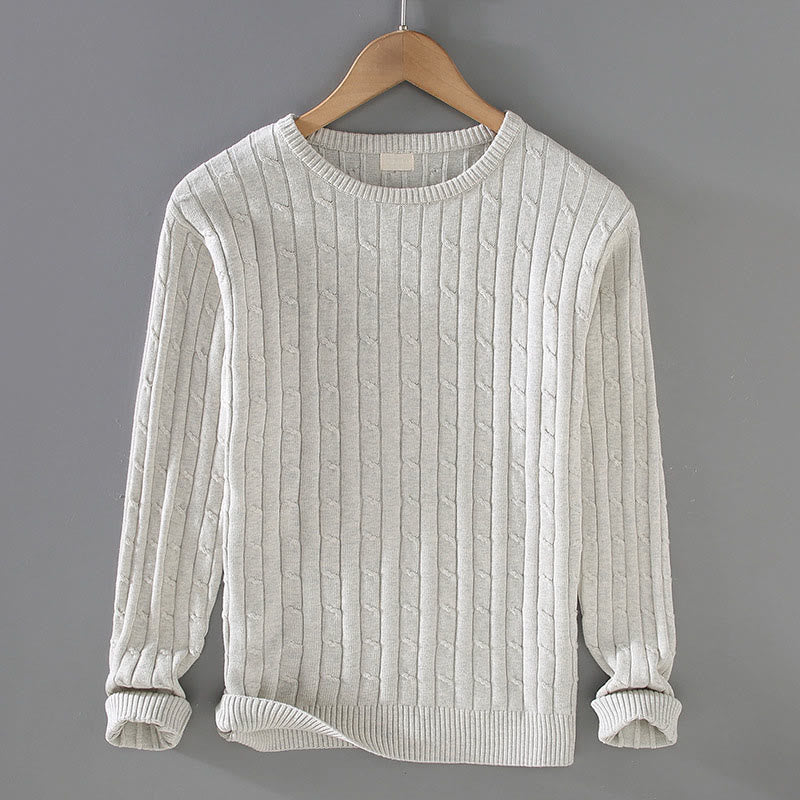 Buddha Stones Cable Knit Design Men's Crew Neck Long Sleeve Pure Cotton Sweater