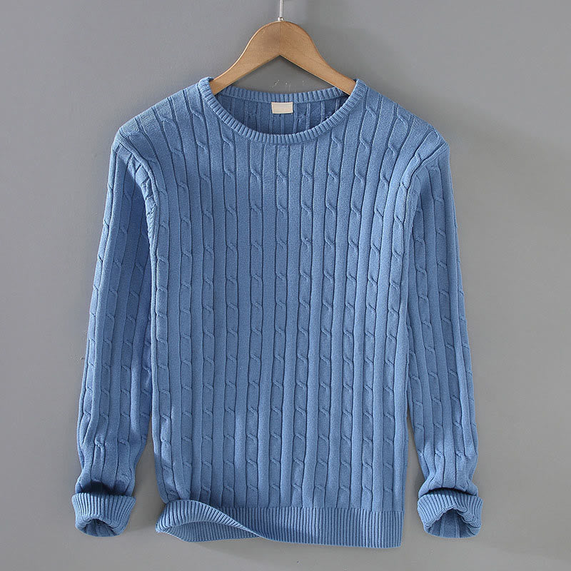 Buddha Stones Cable Knit Design Men's Crew Neck Long Sleeve Pure Cotton Sweater