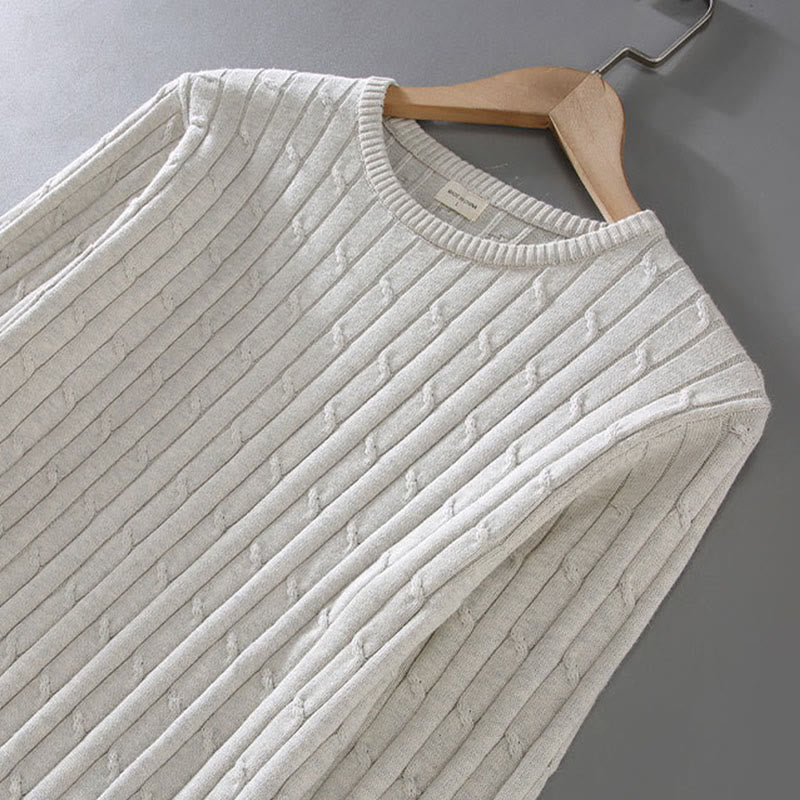 Buddha Stones Cable Knit Design Men's Crew Neck Long Sleeve Pure Cotton Sweater