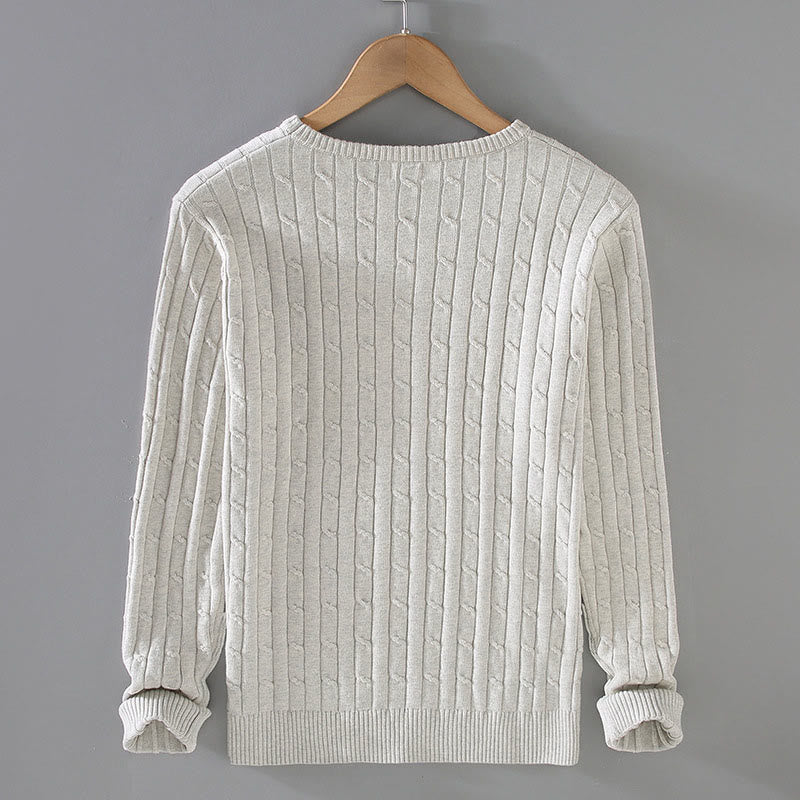 Buddha Stones Cable Knit Design Men's Crew Neck Long Sleeve Pure Cotton Sweater