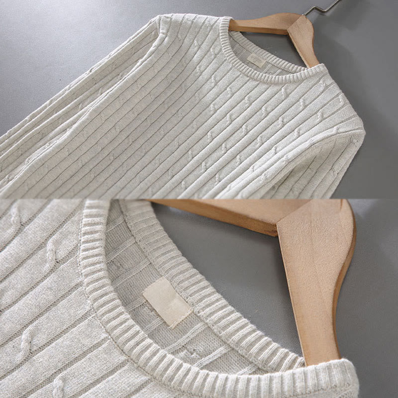 Buddha Stones Cable Knit Design Men's Crew Neck Long Sleeve Pure Cotton Sweater