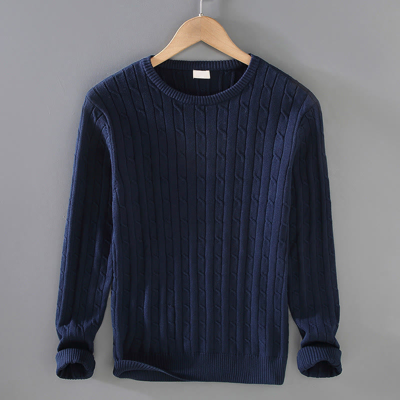 Buddha Stones Cable Knit Design Men's Crew Neck Long Sleeve Pure Cotton Sweater
