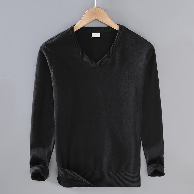 Buddha Stones Solid Color V-Neck Cotton Simple Design Men's Long Sleeve Sweater
