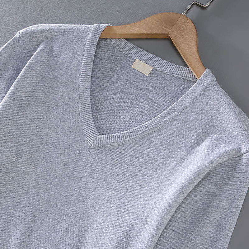 Buddha Stones Solid Color V-Neck Cotton Simple Design Men's Long Sleeve Sweater