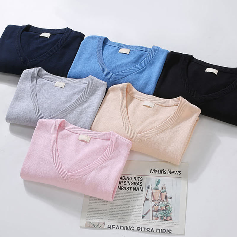 Buddha Stones Solid Color V-Neck Cotton Simple Design Men's Long Sleeve Sweater