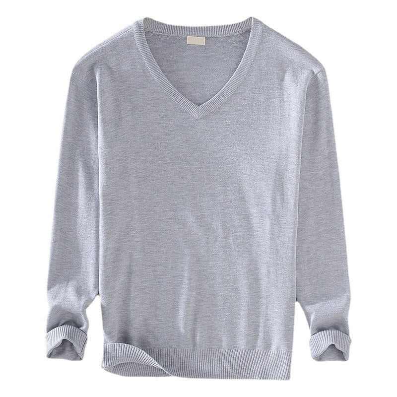 Buddha Stones Solid Color V-Neck Cotton Simple Design Men's Long Sleeve Sweater