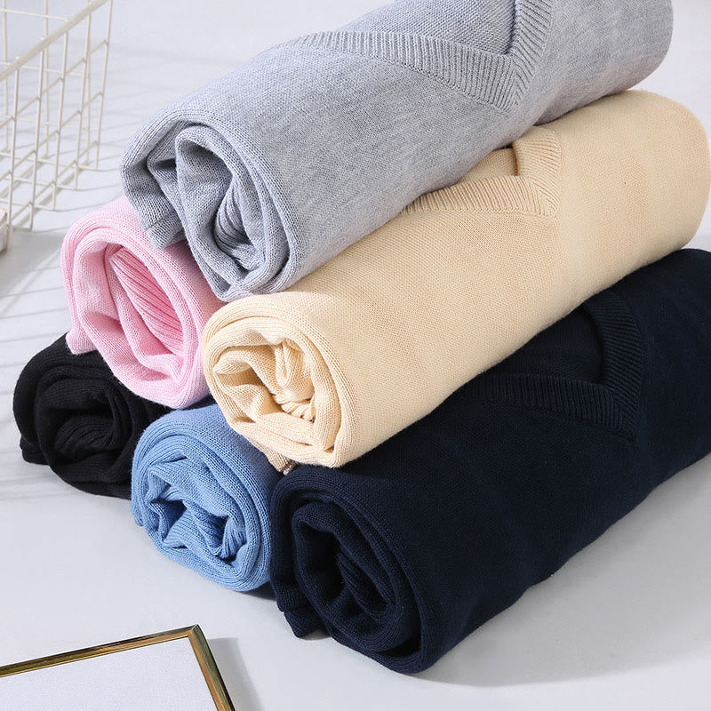 Buddha Stones Solid Color V-Neck Cotton Simple Design Men's Long Sleeve Sweater