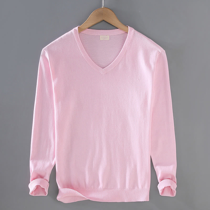 Buddha Stones Solid Color V-Neck Cotton Simple Design Men's Long Sleeve Sweater