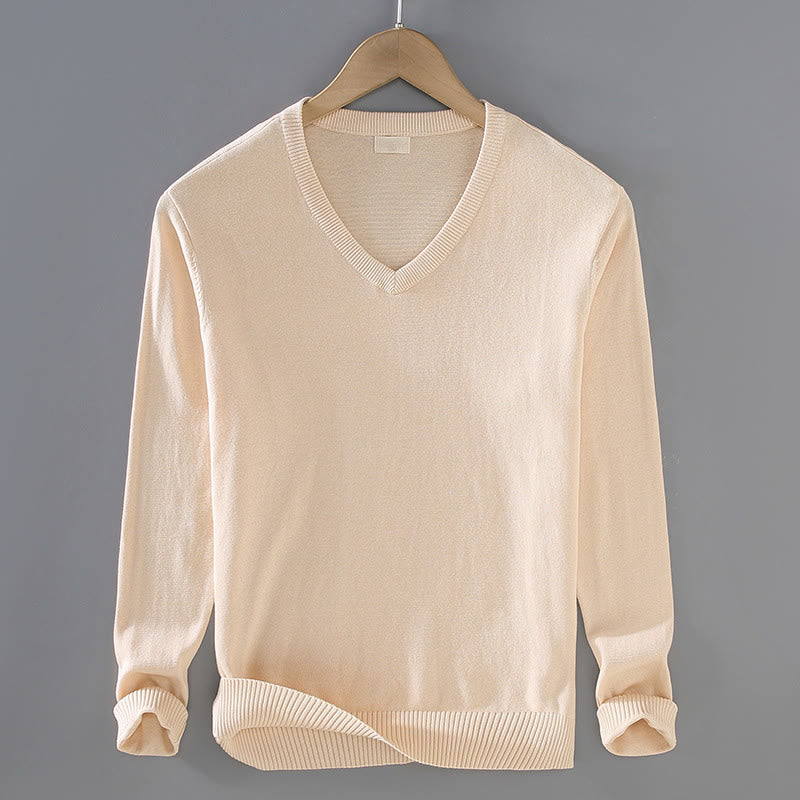 Buddha Stones Solid Color V-Neck Cotton Simple Design Men's Long Sleeve Sweater