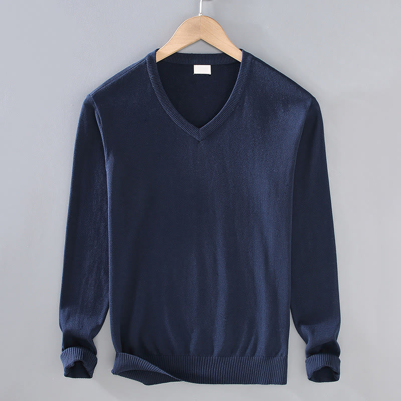 Buddha Stones Solid Color V-Neck Cotton Simple Design Men's Long Sleeve Sweater