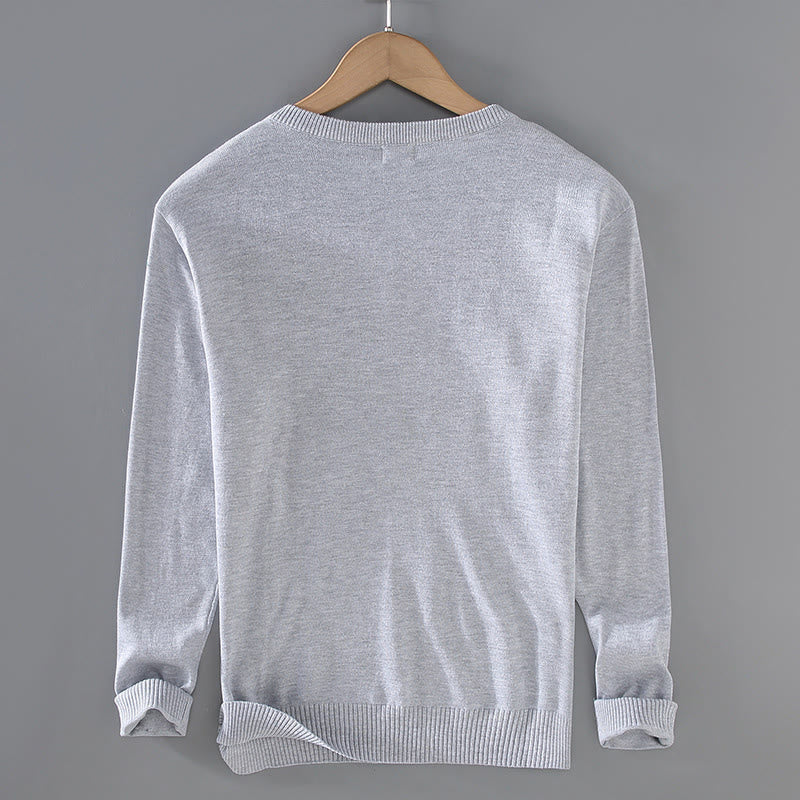 Buddha Stones Solid Color V-Neck Cotton Simple Design Men's Long Sleeve Sweater