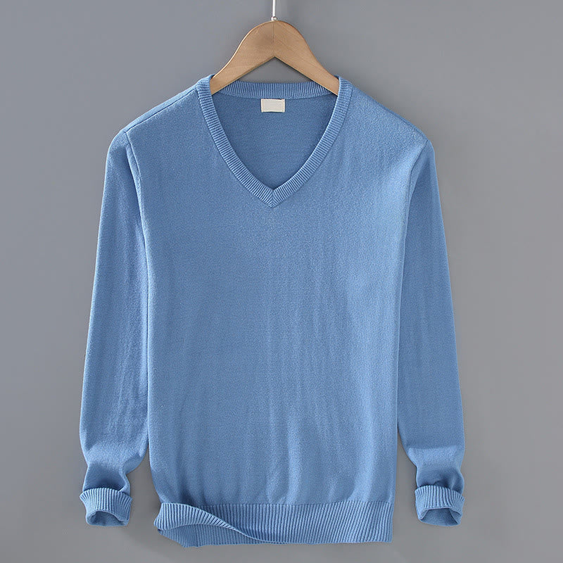Buddha Stones Solid Color V-Neck Cotton Simple Design Men's Long Sleeve Sweater