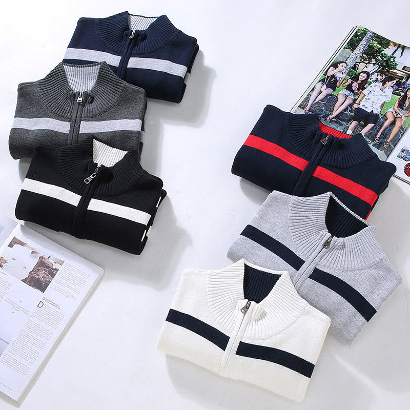 Buddha Stones Color Contrast Striped Half Zipper Design Cotton Men's Long Sleeve Sweater